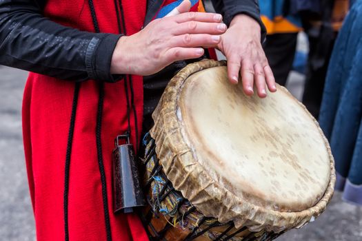 Thessaloniki, Greece - February 14, 2016: Drummers and musicians playing traditional music at Aristotelous square at Thessaloniki. Photos taken with slow shutter speed.