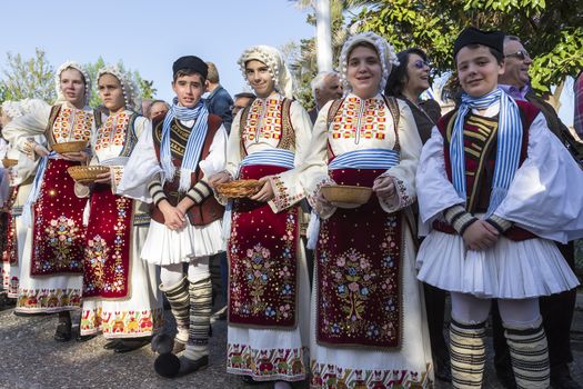 Thessaloniki, Greece- April 17, 2015: Folk dancers from the Crete club at the parade in Thessaloniki, Greece.