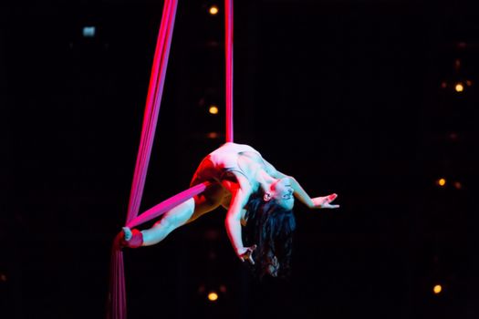 THESSALONIKI, GREECE - OCTOBER, 1, 2014: Performers skipping Rope at Cirque du Soleil's show 'Quidam'