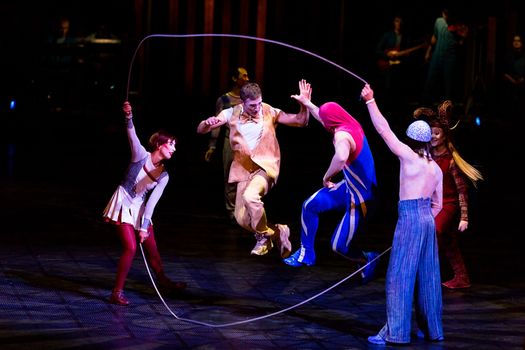 THESSALONIKI, GREECE - OCTOBER, 1, 2014: Performers skipping Rope at Cirque du Soleil's show 'Quidam'