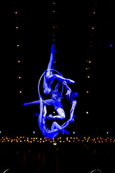 THESSALONIKI, GREECE - OCTOBER, 1, 2014: Performers skipping Rope at Cirque du Soleil's show 'Quidam'