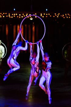 THESSALONIKI, GREECE - OCTOBER, 1, 2014: Performers skipping Rope at Cirque du Soleil's show 'Quidam'