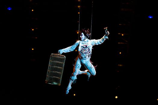 THESSALONIKI, GREECE - OCTOBER, 1, 2014: Performers skipping Rope at Cirque du Soleil's show 'Quidam'