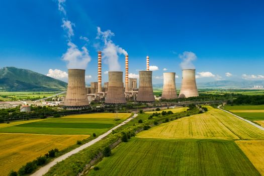 Aerial view the plant producing electrical energy with large pipes at Kozani in northern Greece.