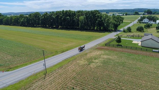 Aerial View of Amish Farm Land and a Horse and Buggy Going Down the Road