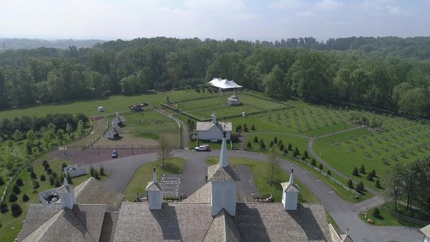 Aerial View of Old Restored Barns on a Spring Day