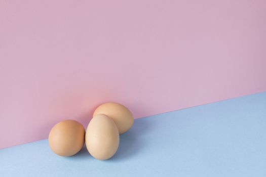 Minimalist image of three brown eggs on a light blue and pink background. Copy space available.