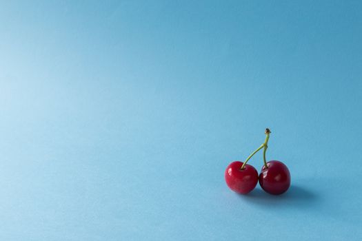 Minimalist image of a couple of cherries on a light blue background. Copy space available.