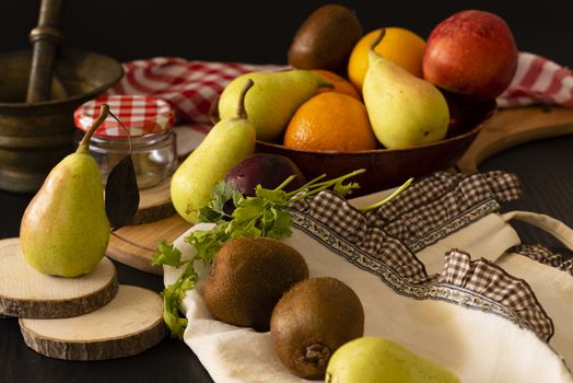 Retro still life with wine, cheese and fruits.