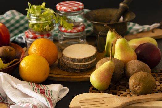 Retro still life with wine, cheese and fruits.