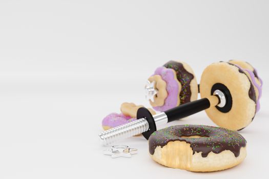 Dumbbell or barbell in the shape of donut on white background. Strawberry and chocolate flavours and have sprinkles on top of doughnut. Concept of diet and fitness for lose weight. 3D illustration.