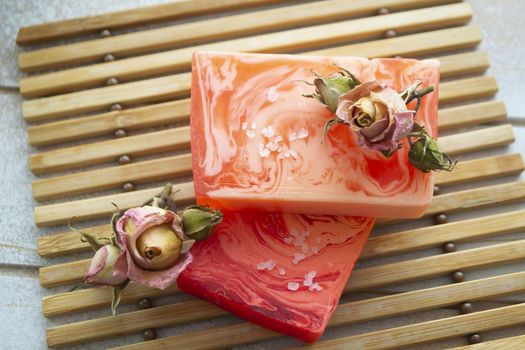 Handmade rose natural soap close up, with vintage roses