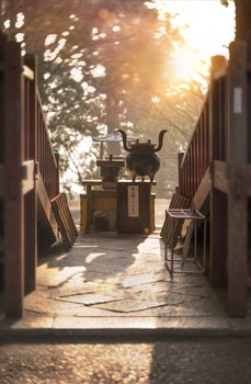 Japanese Buddhist Temple on Mount Hiei near Kyoto at sunrise.