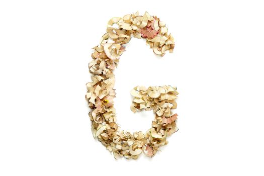 Letter G made from coloured pencil shavings for use in your design.