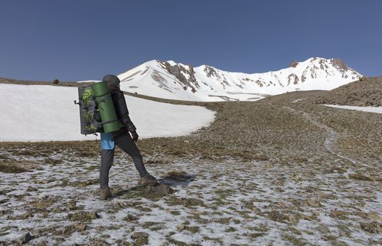 A tourist woman with a backpack on her back and a tracking stick in her hand goes on a campaign to the snow-capped mountain
