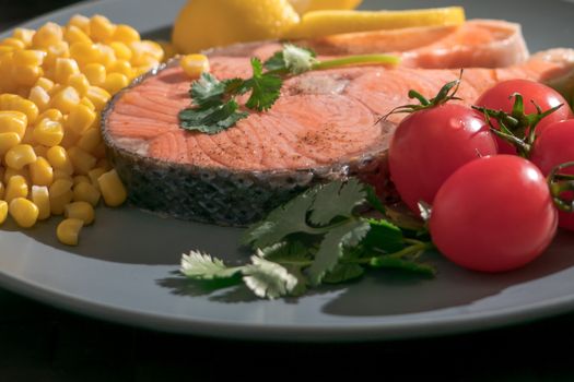 closed-up grilled fish salmon fillet with fresh vegetable, food and vegetable concept