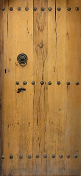 wooden door with wrought iron elements close up.