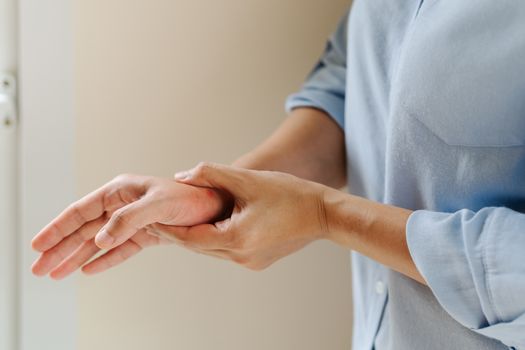 woman wrist arm pain long working. office syndrome healthcare and medicine concept
