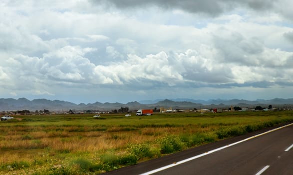 Panoramic view of the road to New Mexico USA desert and mountain