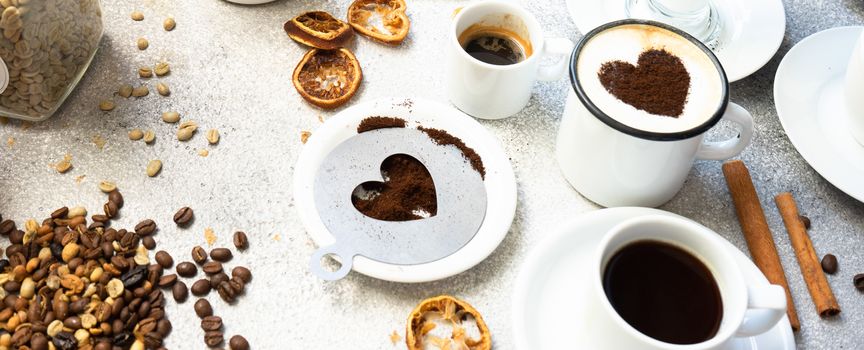 Coffee drink varieties concept on stone background with copy space