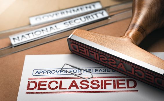 3D illustration of two folders and a rubber stamp with the word declassified printed on a document. Declassification of sensitive data and freedom of information concept.