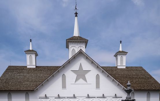 View of a Steeple Cupolas with a Weather Vane on a Sunny Summer Day