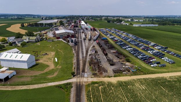 Aerial View of Train Yard Waiting for Trains on a Sunny Summer Day