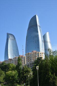 Baku.Azerbaijan.May 22,2018.Flame Tower.It is located on a hill, and is visible from all directions in the city.
