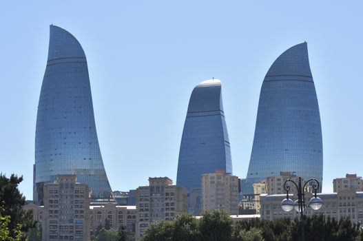 Baku.Azerbaijan.May 22,2018.Flame Tower.It is located on a hill, and is visible from all directions in the city.