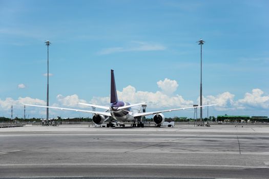 Passenger planes at the airport shoot on the bus