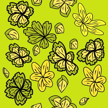 Vector seamless pattern with flowers of doodles made using stencil. Floral colorful background in hand draw childish style. Abstract summery simple illustration