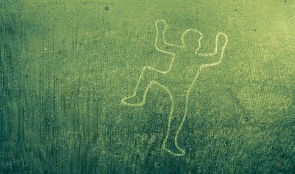 Crime scene chalk line of an auto accident with tire skid marks leading over the body.vintage tone