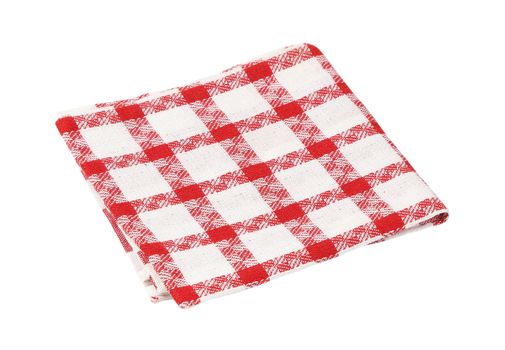 Checked red and white kitchen tea towel or drying-up cloth  isolated on white