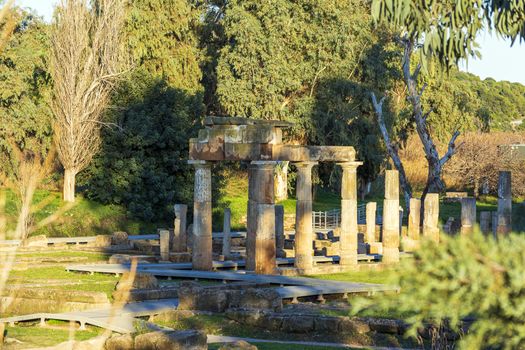 Temple of Artemis in archaeological site of Brauron, Attica, Greece. Afternoon time.