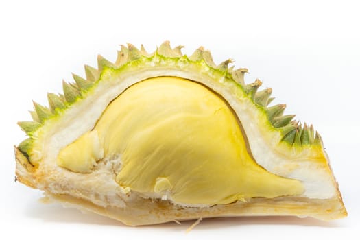 The Close up peeled Durian isolated on white background for eat, the famous fruit from Thailand, it also known as The King of Fruits.