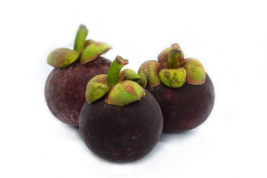 Three Mangosteen (Garcinia mangostana) is an exotic, tropical fruit with a slightly sweet and sour flavor, isolated on white background.