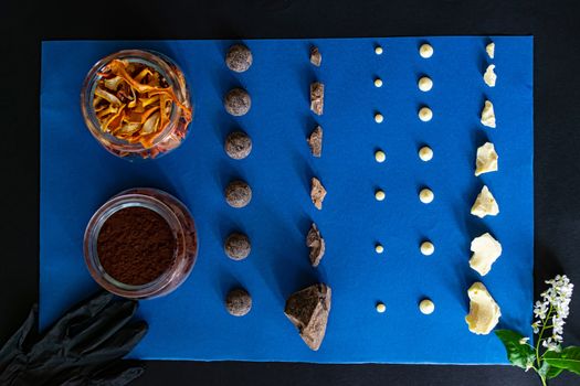 Dark and white chocolate, cocoa and candied orange are laid out on a blue background. Ingredients for making healthy and delicious sugar-free sweets at home. Top view, close-up.