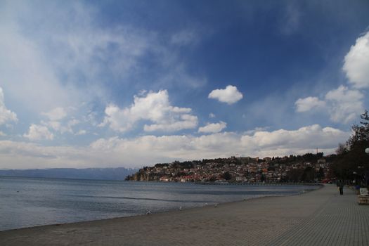 Lake Ohrid at city, blue sky
