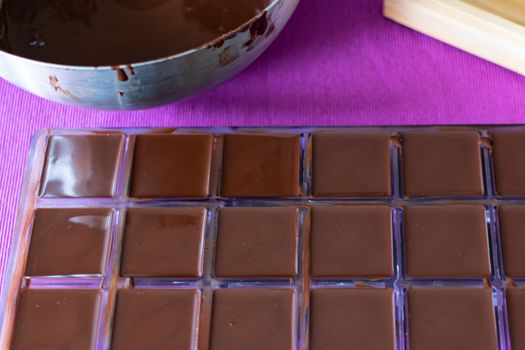 The molds are filled with liquid chocolate mass. The process of home cooking healthy sweets without sugar.