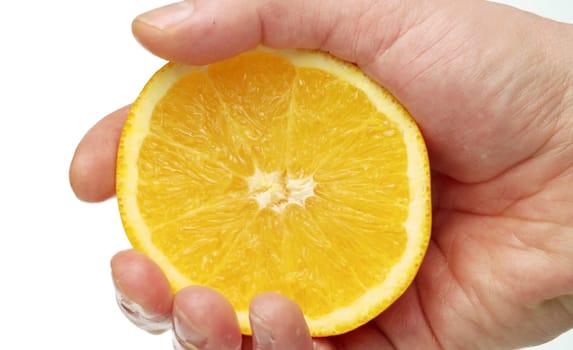 Close up male hand squeezing an orange on white background.