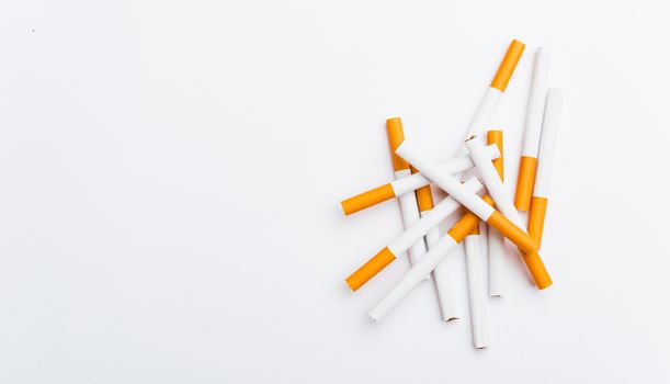 31 May of World No Tobacco Day, Close up front stack pile cigarette or tobacco on white background with copy space, Warning lung health concept