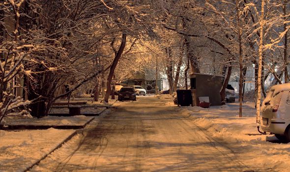 City courtyard during snowfall. Beautifull trees is covered with recently fallen snow. Fresh snow lies on the groung and cars. Light of lanterns.