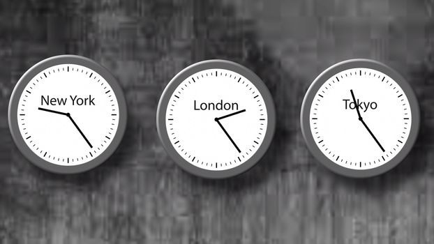 Round clocks showing different time in three cities - London, New York, Tokyo. Illustration of three time zones