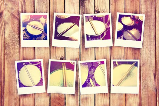 Drums conceptual image. Drums and drumsticks on the photo frames. Retro vintage instagram picture.