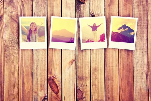 Great memory from vacation. Instant photos frames on wooden background.