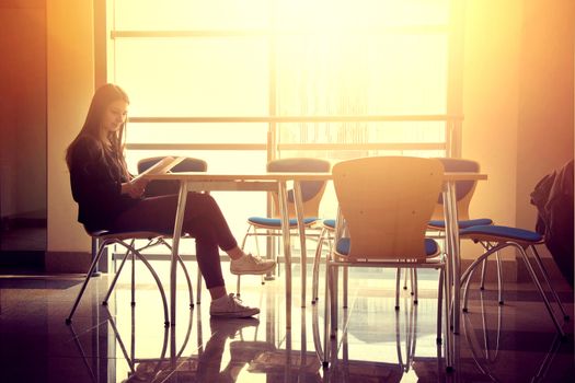 Pretty young student girl studying in the university. Education conceptual image.