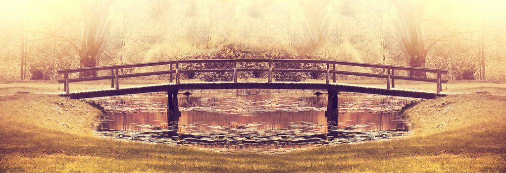 Vintage summer in the park. Bridge in charming park. Nature concept.