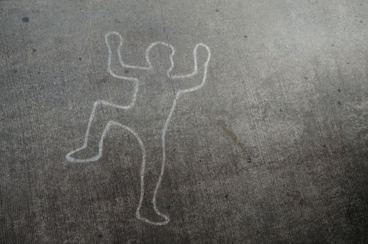 Crime scene chalk line of an auto accident with tire skid marks leading over the body.