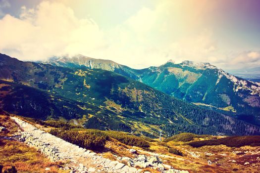 Mountains landscape. Nature concept. Instagram vintage action colors.