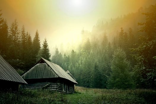 Wooden abandoned house in dark foggy mountains. Fantasy and colorfull nature landscape. Nature conceptual image.